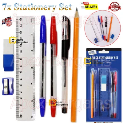 7pcs Stationery Set Back to School 3 Pens Pencil Ruler Eraser/Rubber Sharpener