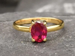 Women's Birthday Gift Ring Solitaire 1.50CT Oval Lab Grown Ruby 14k Yellow Gold - Picture 1 of 15