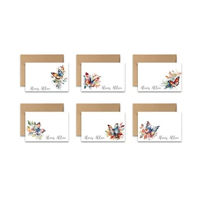 PERSONALIZED - 12 Flat Note card, Floral Stationery with Envelopes - Butterfly - Image 1 of 4