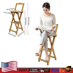 Portable Folding Bamboo Stool Tall Chair Foldable Bar Stool Porch Kitchen Chair - Picture 1 of 14