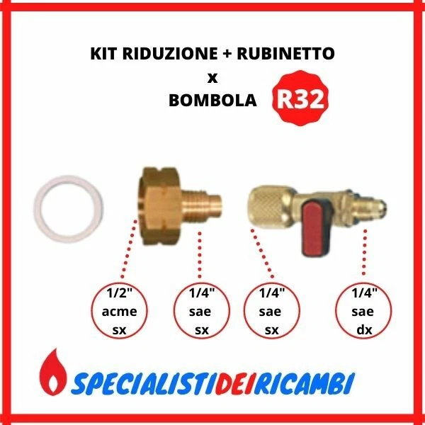 RACCORDO RIDUZIONE BOMBOLA R32 PASSO SINISTRO CONTRARIO + RUBINETTO R32 WIGAM