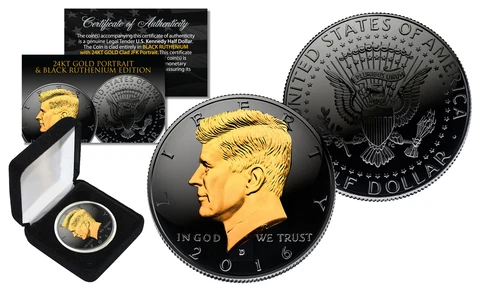 Black RUTHENIUM 2016 JFK Kennedy Half Dollar Coin with 24K Golden Enigma D Mint Cover