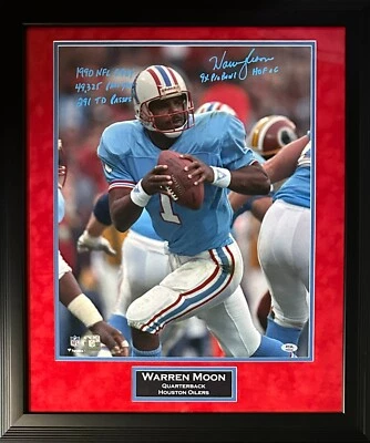 Warren Moon signed inscribed framed 16x20 photo NFL Houston Oilers PSA suede - Image 1 of 2