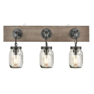 Rustic Farmhouse 3-Light Mason Jar Vanity Wall Sconce - Wood Grain & Glass Ba... - Picture 1 of 8