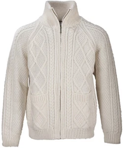 Aran Woolen Mills - 100% Merino Wool Handknit Mens's Aran Zipper Cardigan - Picture 1 of 4