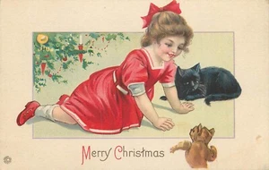 Christmas Postcard Little Girl Black Cat and Teddy Bear, Stecher 731A - Picture 1 of 2