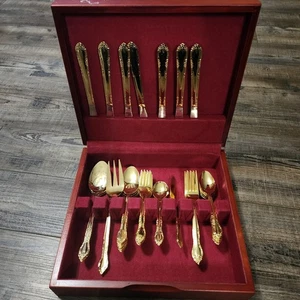 Gold Toned Flatware stainless china setting for 8 plus serving Utinsels  - Picture 1 of 5