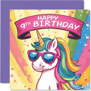 9th Birthday Card - Cool Unicorn Sunglasses - Unicorn Birthday Card for 9 Year - Picture 1 of 7