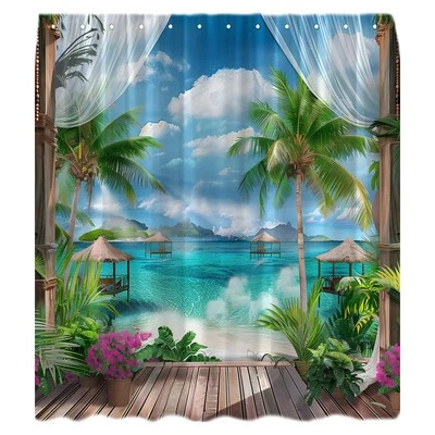 Beach Scene Shower Curtain Tropical Sea Palm Tree Blue Sky Summer Seaside Oce... - Image 1 of 4