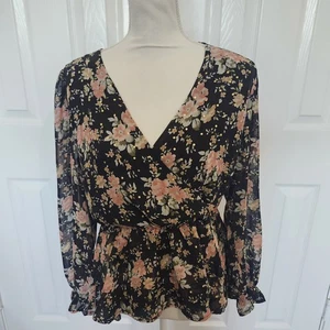 Quiz Größe 8 (US) schwarz/Blumendruck V-Ausschnitt Faux Wickel Langarm Schößchen Top - Bild 1 von 10