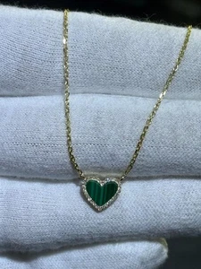 14k Oro Amarillo Natural Diamantes Verde Malaquita Corazón Disco Pavé Set Collar - Imagen 1 de 12