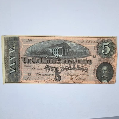 1864 Confederate States of America $5 Five Dollars AU+ Authentic Banknote #BN11 - Image 1 of 3