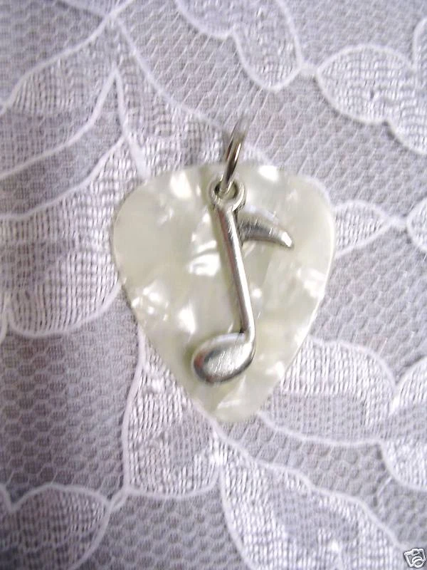 NEW PEARLY WHITE GUITAR PICK MUSIC NOTE CHARM PENDANT - Image 1 of 1
