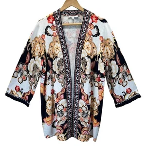 Chicos 2 Linen Blend Floral Fringe Long Cardigan Womens US L Boho Beach Party - Picture 1 of 21