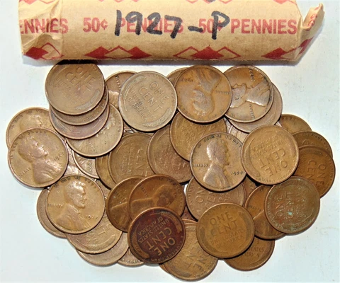 1927 P Lincoln Wheat Cent Roll. Average Circulated Condition. 50 Coins Cover
