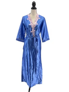 Intimate Fashions Womens Robe Blue Small Pink Applique Ankle Length Vintage - Picture 1 of 6