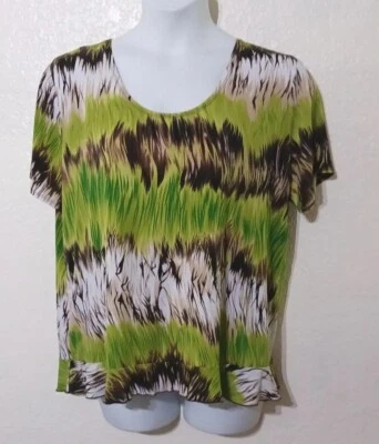 SUZIE IN THE CITY*Top Jersey Verde Marrón Lgtwgt*Talla 2X*Volantes*Scoop Nk*Shrt slv Foto 1 de 4