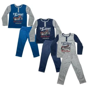Boys Kids Pyjamas Long Sleeve Top Bottom Set Cotton Bike - Size 3-14 Years - Picture 1 of 10