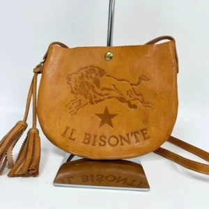 IL BISONTE Shoulder Bag Sacoche Leather Camel Large Logo color Brown USED - Picture 1 of 6