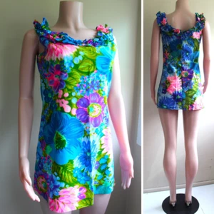 S M Waltah Clarkes Hawaii Aloha Shirt Vintage 60s Sleeveless Cotton Floral Mini - Picture 1 of 9