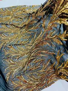 Leaf Stretch Sequins Fabric Gold on Black 4 Way Stretch Lace Mesh Fabric By Yard - Picture 1 of 6