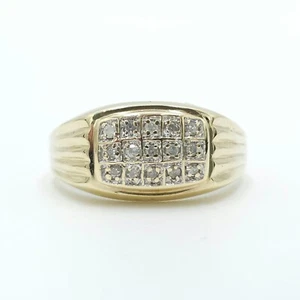 9ct Yellow Solid Gold 3 Row Natural Diamond Signet Unisex Men's Ring Size Y - Picture 1 of 4