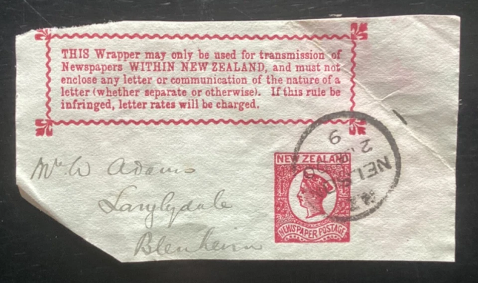 NZ 1900 1/2d Envoltura de Periódico Rojo de Nelson a Blenheim (NZF594) Foto 1 de 1