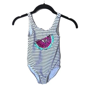 OshKosh B'gosh Girl's Bathing Suit Blue & White Stripe Sequin Watermelon 6 / 6X - Picture 1 of 6