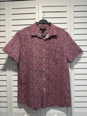Marc Anthony Linen Blend Slim Fit Shirt Large Red Navy Leaf Print Short Sleeve - Image 1 of 4