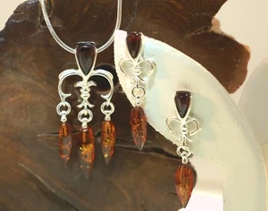 925 SILVER GENUINE BALTIC SEA HONEY COGNAC ARROWS AMBER PENDANT & EARRINGS SET - Picture 1 of 5