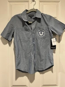 True Religion Red & Blue Logo Color-Block Short-Sleeve Denim Button-Up - Boys M - Picture 1 of 6