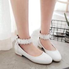 Sweet Womens Flat Shoes Mary Jane Lolita Lace Ankle Strap Beads Bowknot Pumps