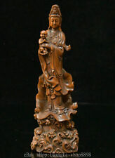 9" Old China Boxwood Carving Buddhism Kwan-yin Guan Yin Goddess Tongzi Statue