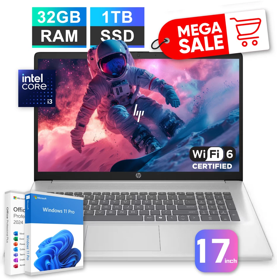 2025 HP 17 Laptop Computer 17.3" 8-Core Intel i3 32GB RAM 1TB SSD OFFICE 2024Pro - Image 1 of 4