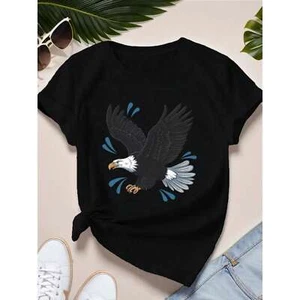 Women's Casual T-shirt with Eagle Pattern Print, Round Neck Top,Lounge Clothes - Picture 1 of 12