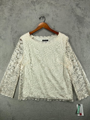 OFF WHITE Camicia blusa Bahari donna 16 pizzo top bianco sporco fodera manica lunga nuova con etichetta