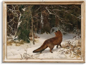 Vintage Winter Landscape Oil Wall Painting- Antique Fox Design, Rustic DCor - Picture 1 of 12