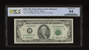 DBR 1993 $100 FRN Richmond Fr. 2174-E PCGS-B 64 Serial E05988859A - Picture 1 of 2