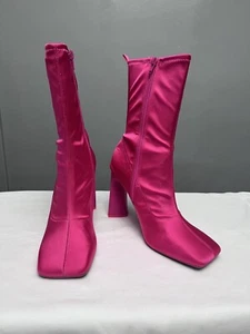 Women's Boot Size 9 High Heel Bootie Shoes Pink Satin Square Toe Side Zip New - Picture 1 of 11