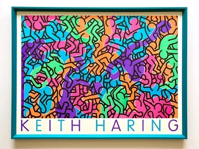 PÓSTER DE ARTE POP ENMARCADO KEITH HARING RARO 1985 SERIGRAFÍA "PERSONAS PASTEL" Foto 1 de 4