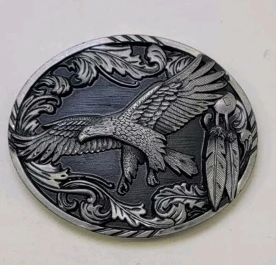 Siskiyou Cinturón Hebilla Peltre Águila Plateado Negro Vaquero Western - De colección Foto 1 de 4