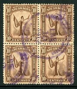 Nicaragua 1911 Liberty 10¢ Red Brown Scott #301 VFFU Block Q331 - Picture 1 of 6