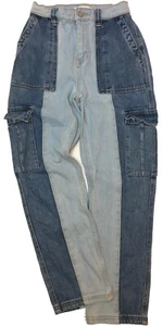 Pac Sun Cargo Jeans Sz 25 High Waist 2-Tone Denim Pockets Straight Leg - Picture 1 of 13