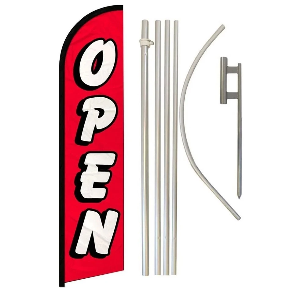 Open Red White Advertising Windless Banner Flag & Flag Pole Kit & Ground Spike - Image 1 of 1