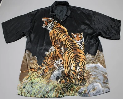 Seals Unlimited Shirt Mens XL Black Tiger Animal Print Button Up Made Korea 90s - Image 1 of 4