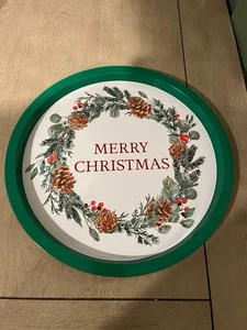 Frohe Weihnachten Stechpalme/Eicheln Dose rund Tablett 12" Durchmesser Feiertag Stil 2er Set - Bild 1 von 3