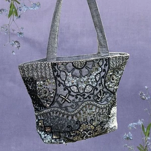 Per Una Grey Silver Sequin Bag Tote Fairy Whimsy Goth Embellished Black Vintage - Picture 1 of 14