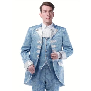 Men's Rococo Court Suit Light Blue Elegant 3PC Tailcoat Vest Pants Set 46-48 - Picture 1 of 11