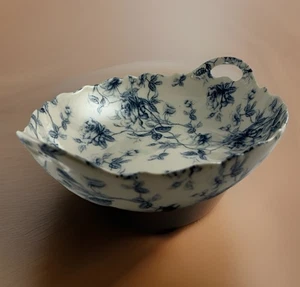 Gracie China Blue Rose Toile Bowl Pierced Handles Coastline Imports 9” X 6-1/4” - Picture 1 of 17