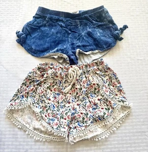 DKNY Girls Size 6 Shorts Bundle – Blue Bow Denim & Floral Pom Pom Trim - Picture 1 of 4
